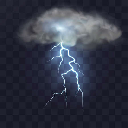 Realistic cloud with electric lightning with glow effect. Thunderstorm and lightning isolated on transparent background.のイラスト素材