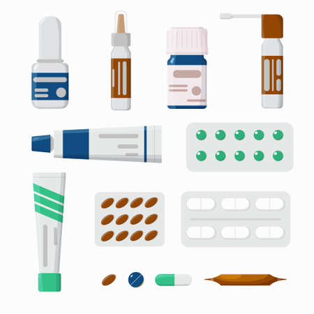 Medicine, pharmacy, hospital set of drugs. Pills, capsules, vitamins, tincture, throat spray. Vector illustrationのイラスト素材