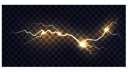 Electric discharge. Yellow lightning isolated on transparent background. Natural phenomenon. Vectorのイラスト素材