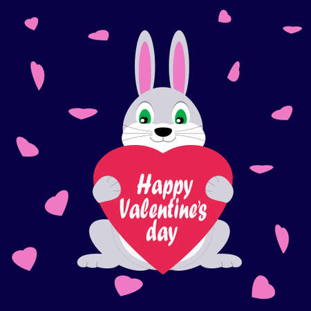 Happy valentines day. Greeting from cute bunny with heart. Vector illustration, isolated on blue backgroundのイラスト素材