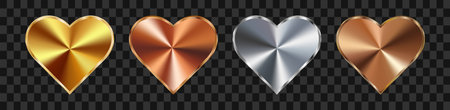 Set of heart shaped holograms. Aluminum, silver, copper, gold, bronze color gradient. 3d vector on a black background.のイラスト素材
