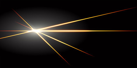 Yellow-red intersecting laser beams, glowing stripes. Abstract vector illustration isolated on black background.のイラスト素材