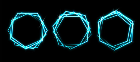 Blue laser glowing frames isolated on black background. Neon hexagons. Abstract vector illustration.のイラスト素材