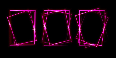 Pink laser glowing frames isolated on black background. Neon rectangles. Abstract vector illustration.のイラスト素材