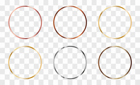 Set of round metal frames made of rose gold, copper, bronze, silver, gold, chrome, stainless steel, steel, platinum. Realistic texture. 3d vector illustration on black background.のイラスト素材