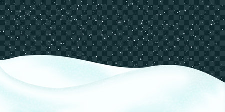 Snowdrifts. Winter realistic landscape. Sparkling fluffy white snowy hills. Realistic 3d vector on transparent background.のイラスト素材