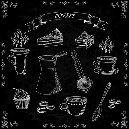 Set of hand drawn coffee and cake on a chalkboard backgroundのイラスト素材