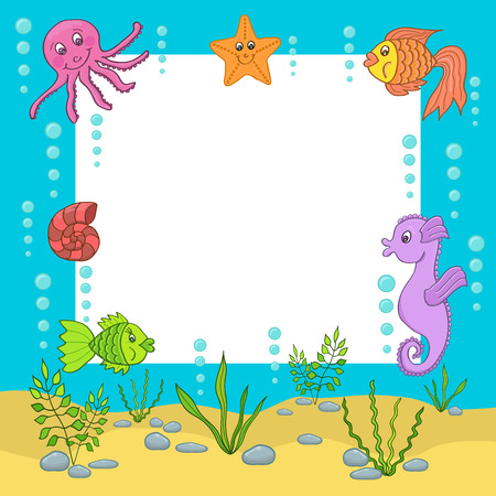 Frame against the background of various sea creatures and fishesのイラスト素材