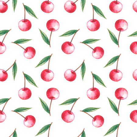 Seamless pattern with original cherry drawn by watercolor. Colorful fruit background perfect for textile or scrapbookingの写真素材