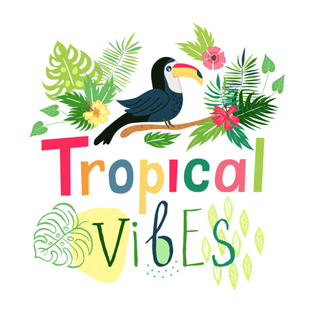 Tropical Vibes lettering. Cute summer hand letter phrase in cartoon style perfect for baby kid design. Vector letter, toucan, flowers and leavesのイラスト素材