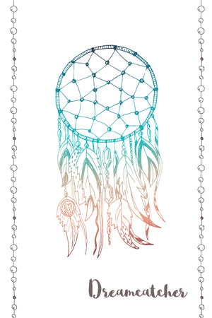 Vector hand drawn magical dream catcher with feathers. Native American Indian talisman isolated on white. Ethnic design, bohemian chic, tribal amuletのイラスト素材