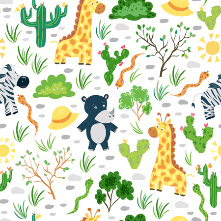 Seamless pattern with cartoon safari animals and plants. Baby kid african design background with smile giraff, zebra and rhinoceros. Vector illustrationのイラスト素材