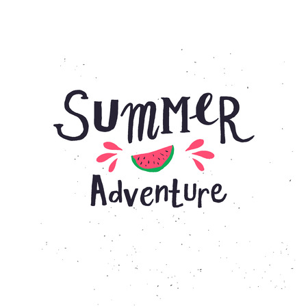 Summer adventure lettering. Cute hand letter phrase and watermelon piece in cartoon style . Vector calligraphy concept perfect for card makingのイラスト素材
