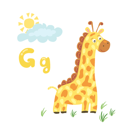 A Vector cartoon zoo alphabet letter. ABC animals: G is for giraffe. Baby kid preschool study print design with smiling giraffeのイラスト素材