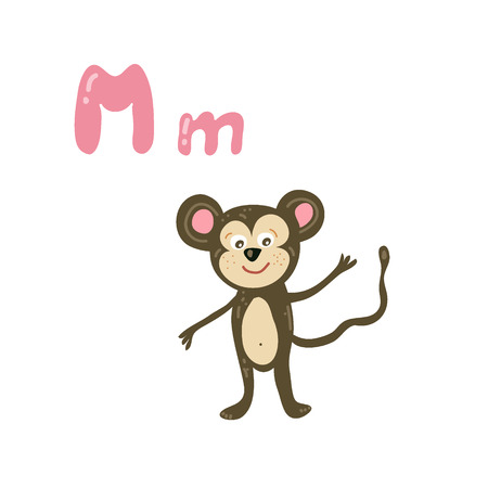 A vector cartoon zoo alphabet letter. ABC animals: M is for Monkey. Baby kid preschool study print design with smile monkeyのイラスト素材