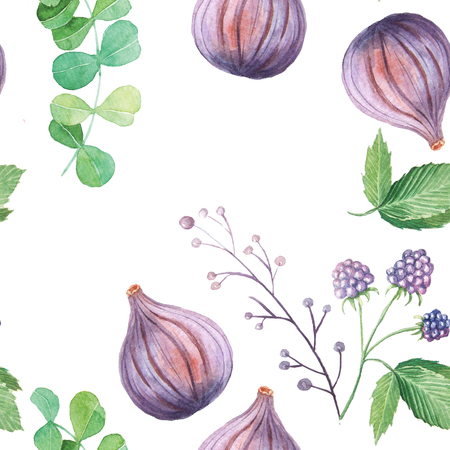 Seamless pattern with hand painted watercolor fruits and leaves in pastel colors inspired by garden plants. Romantic floral background perfect for fabric textile, vintage paper or scrapbookingの写真素材