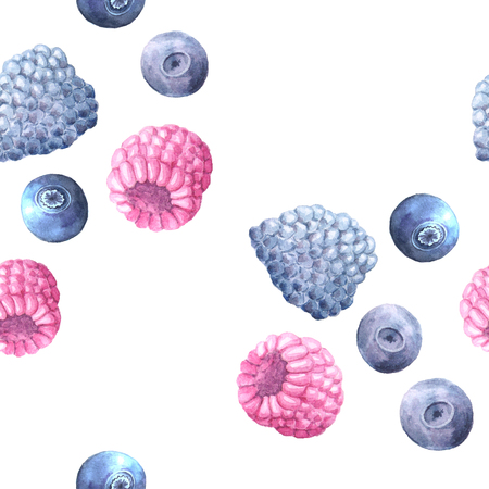 Seamless patterns with hand painted watercolor summer berries. Raspberries, blueberry and...