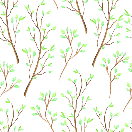 Seamless pattern with hand painted watercolor delicate branches with green leaves. Spring romantic background perfect for wedding decor or fabric textileの写真素材
