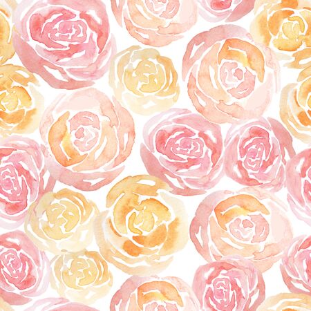 Seamless pattern with hand painted watercolor roses in pastel pink colors inspired by garden plants. Romantic floral background perfect for fabric textile, vintage paper or scrapbookingの写真素材