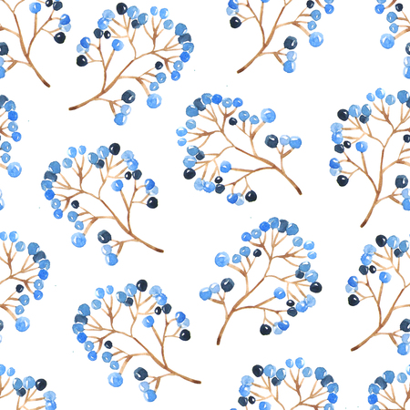 Seamless pattern with watercolor hand painted branches with blue berries inspired by forest plats. Hand painted  delicate berry background perfect for fabric textile or wallpaperの写真素材