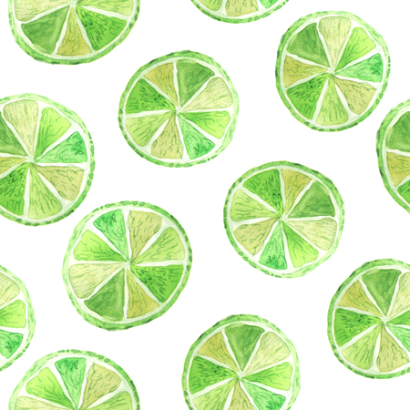 Seamless pattern with watercolor bright summer citrus fruits. Background with piece of lime. Exotic fresh collection isolated on white backgroundの写真素材