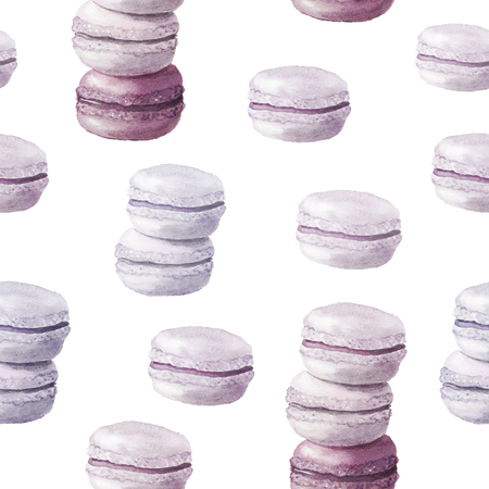 Seamless pattern with watercolor hand painted sweet and tasty france macarons in pastel violet colors.  Hand painted vintage dessert background perfect for fabric textile or menu wallpaperの写真素材
