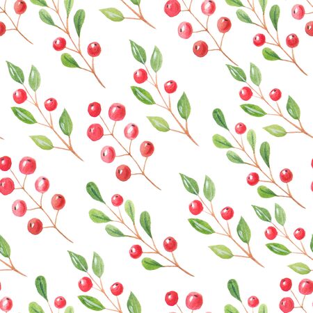 Seamless pattern with watercolor hand painted branches with red berries inspired by forest plats. Hand painted  delicate berry background perfect for fabric textile or wallpaperの写真素材