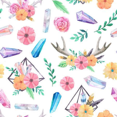 Seamless pattern with bright hand painted watercolor crystals, horns, feathers, flowers and leaves. Romantic decorative background perfect for gretting gift paper, wedding decor or fabric textileの写真素材