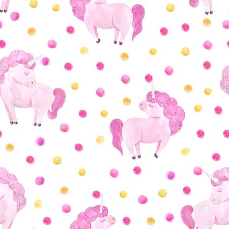 Seamless pattern with hand painted watercolor unicorns in pastel pink color in romantic magic style. Delicate baby girl background perfect for fabric textile, vintage paper or scrapbookingの写真素材