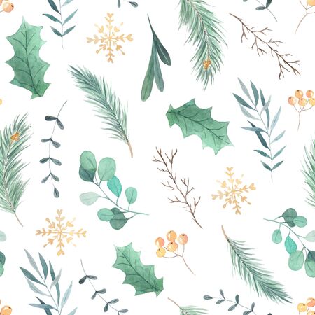 Seamless pattern with watercolor hand painted green leaves foliage inspired by forest greenery and...