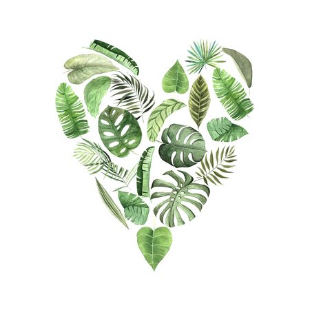 Watercolor hand painted tropical leaves and plants in heart form. Green jungle foliage composition perfect for summer wedding invitation and party card makingの写真素材