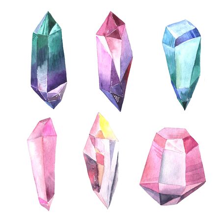 Set of  bright hand painted watercolor crystals and gems in blue, pink and violet colors. Romantic decorative isolated elements perfect for gretting gift paper, wedding decor or card makingの写真素材