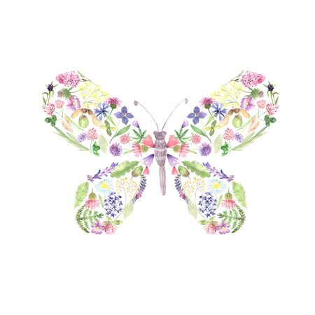 Beautiful butterfly with hand painted watercolor flowers in romantic fashion style. Decorative floral insect isolate on white pefect for card making, wedding invitation and DIY projectの写真素材