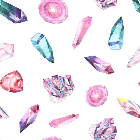 Seamless pattern with bright hand painted watercolor crystals and gems. Romantic decorative background perfect for gretting gift paper, wedding decor or fabric textileの写真素材