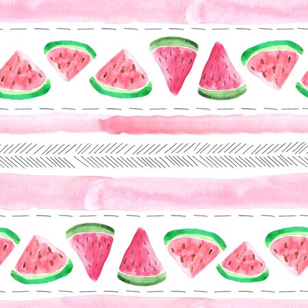 Seamless pattern with colorful isolated watercolor watermelon pieces in bright red and green colors....