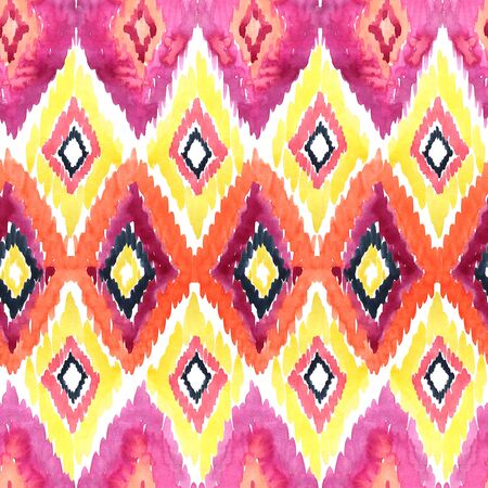 Watercolor seamless pattern with ethnic and tribal motifs, zigzag lines, hand drawn brush strokes. Colorful retro style seamless background. Vintage print perfect for home textile or fall fashionの写真素材