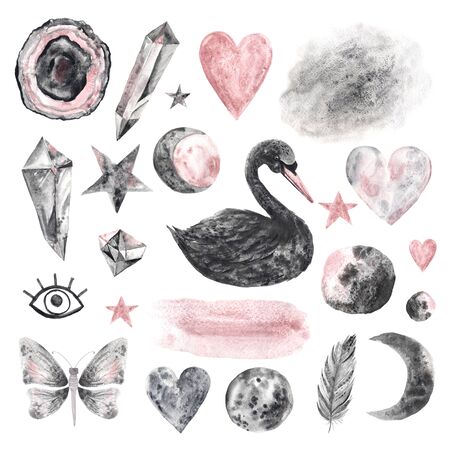 Watercolor hand painted magical black swan, gems and symbols isolated on white with granulation effect. Modern crystal, star, heart, moon perfect for wedding invitation, Valentine's day card or  post cardsの写真素材