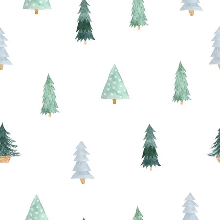 Seamless pattern with bright green Christmas Tree. Decorative background with hand painted evergreen...