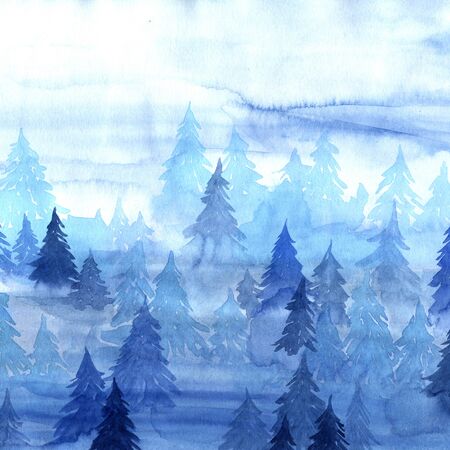 Watercolor hand painted decorative textured blue fog forest background. Mystic modern style abstract backdrop. Real liquid trendy paint texture night fir trees perfect for print design progectの写真素材