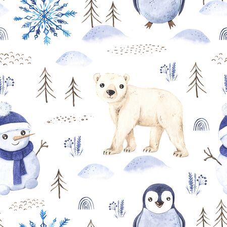 Seamless pattern with watercolor hand painted winter cute penguin, snowman, white bear characters. Cute holiday background. Christmas little animals texture perfect for wrapping paper and fabric textileの写真素材