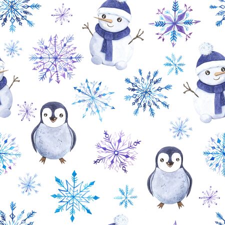 Seamless pattern with watercolor hand painted winter cute penguin, snowman characters and snowflakes. Cute holiday background. Christmas little animals texture perfect for wrapping paper and fabric textileの写真素材
