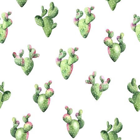 Seamless pattern wit watercolor hand painted exotic cactus. Set of tropic succulents and green plants. Mexican style background perfect for fabric textile and wrapping paperの写真素材