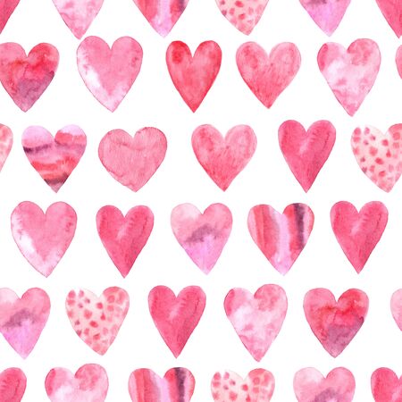 Seamless pattern with bright pink hand painted watercolor hearts. Romantic decorative background...