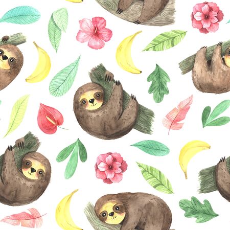 Seamless pattern with watercolor hand painted cute sloth hanging on the tree, green leaves and pink flowers. Cartoon little baby animal backdrop perfect for fabric textile or wrapping paperの写真素材
