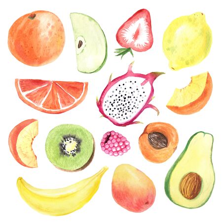 Set of hand painted watercolor summer fruits. Orange, lemon, dragon fruit, banana and berry. Exotic fresh collection isolated on white backgroundの写真素材