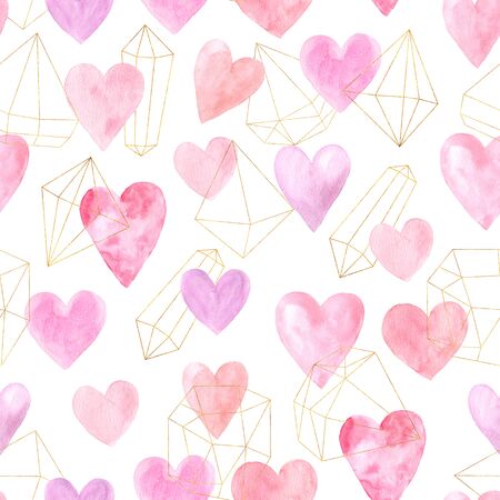 Seamless pattern with bright hand painted watercolor pink hearts and gold geometric forms. Romantic...