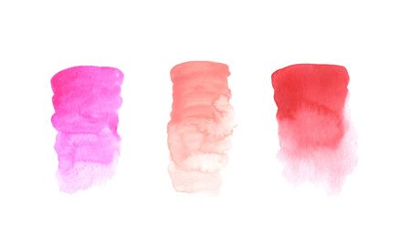 Watercolor hand painted decorative textured spots in bright and pastel pink color. Modern style abstract collection. Real trendy paint texture streak and paint brush strokes isolated on whiteの写真素材