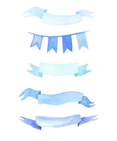 Set of watercolor hand painted blue ribbons isolated on white. Collection of delicate decorative elements perfect for text for wedding invitation or card makingの写真素材