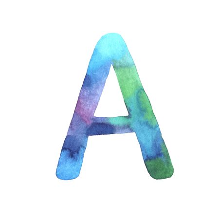 Watercolor hand painted cute alphabet letter A in bright violet, blue and turquoise colors. Modern trendy lettering element isolated on white. Art symbol perfect for print poster の写真素材