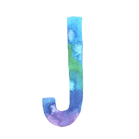 Watercolor hand painted cute alphabet letter J in bright violet, blue and turquoise colors. Modern trendy lettering element isolated on white. Art symbol perfect for print poster の写真素材